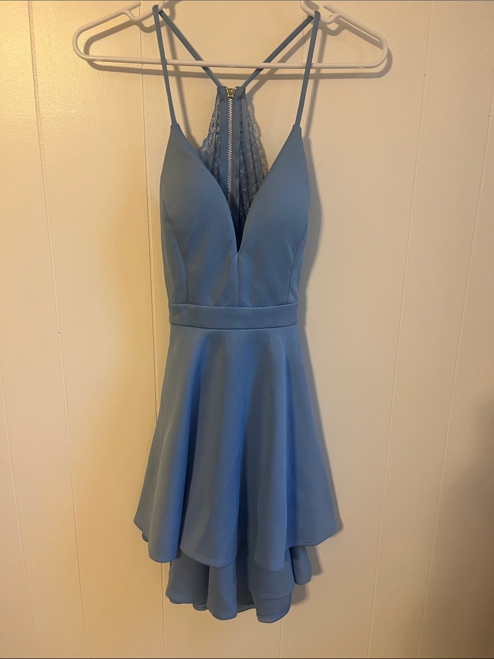 Sleeveless Blue Lace-Back Skater Dress